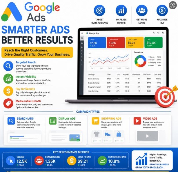 Expert Google Ads management services for Search, Display, Shopping, YouTube, and Performance Max campaigns to increase website traffic, qualified leads, conversions, and return on investment (ROI).