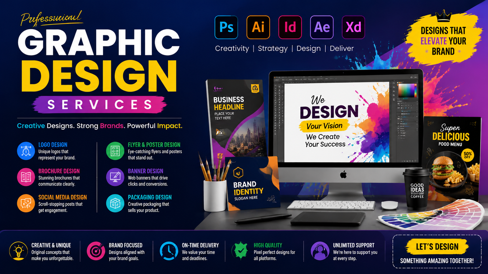 Professional graphic design services for social media posts, logos, business branding, marketing materials, banners, brochures, flyers, and creative visual content to enhance brand identity and business growth.