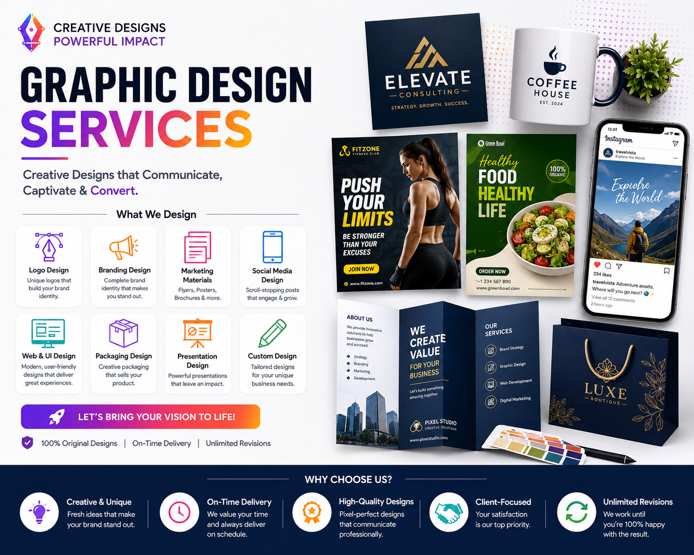 Graphic design services by Optimize Digital Marketing for social media creatives, business branding, marketing materials, ad creatives, website graphics, and promotional designs.