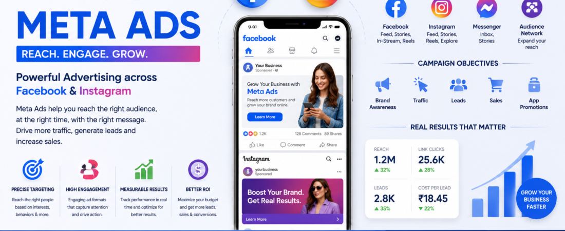 Professional Meta Ads management services for Facebook and Instagram to increase brand awareness, generate qualified leads, boost website traffic, and maximize conversions with targeted advertising.