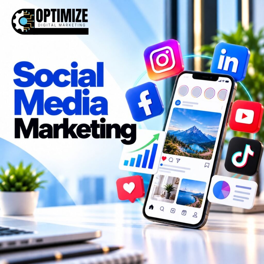 Social Media Marketing services by Optimized Digital Marketing Service to increase brand awareness, reach, engagement, followers, website traffic, leads, and business growth.