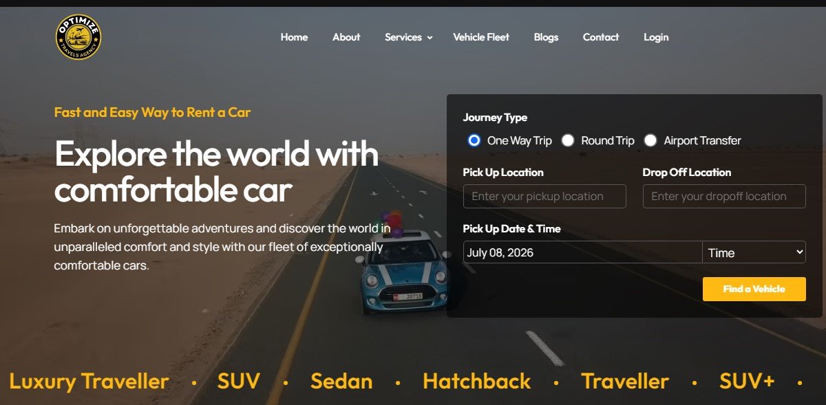 Optimize Travels offering tour packages, holiday planning, cab booking, hotel reservations, and travel services promoted through Optimize Digital Marketing.
