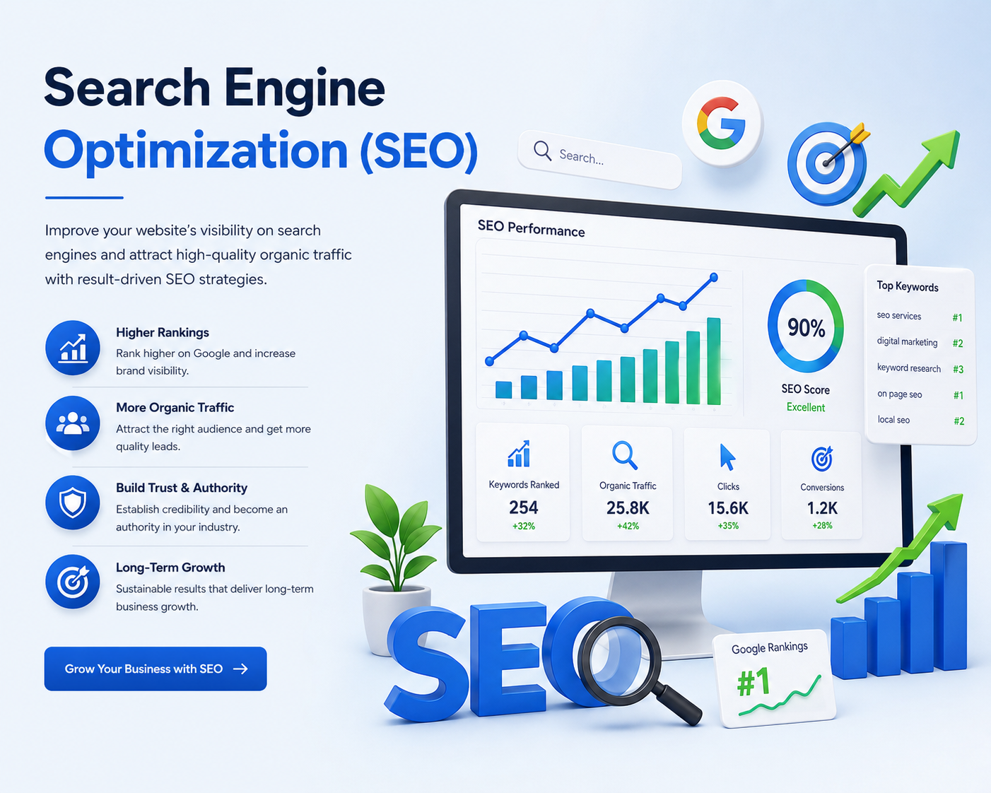 Search Engine Optimization (SEO) services by Optimize Digital Marketing to improve Google rankings, increase organic traffic, boost online visibility, and generate qualified business leads.