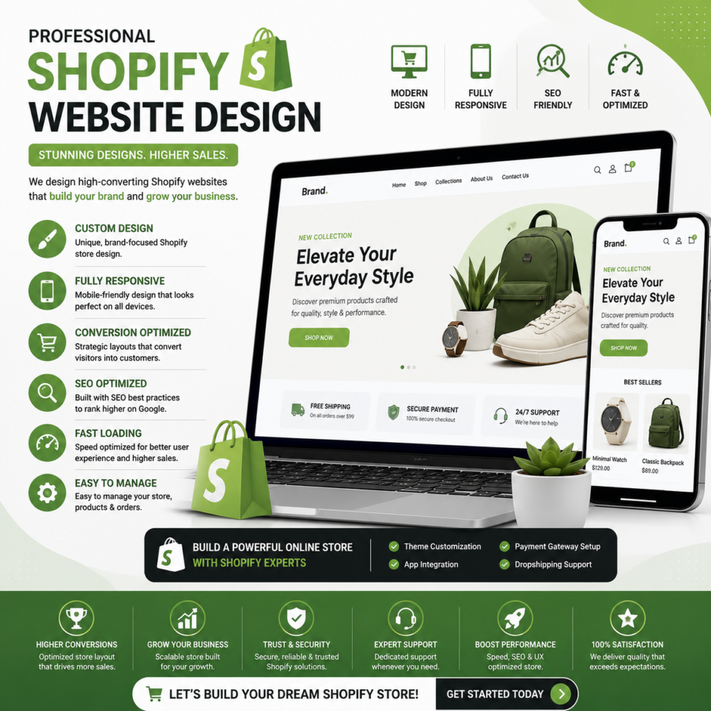 Professional Shopify website design services creating custom, responsive, SEO-friendly, mobile-optimized eCommerce stores that increase online sales, customer engagement, and business growth.