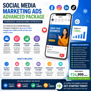 Advanced Social Media Marketing Ads package with Facebook Ads, Instagram Ads, audience targeting, campaign optimization, lead generation, conversion tracking, and ROI-focused digital marketing services.