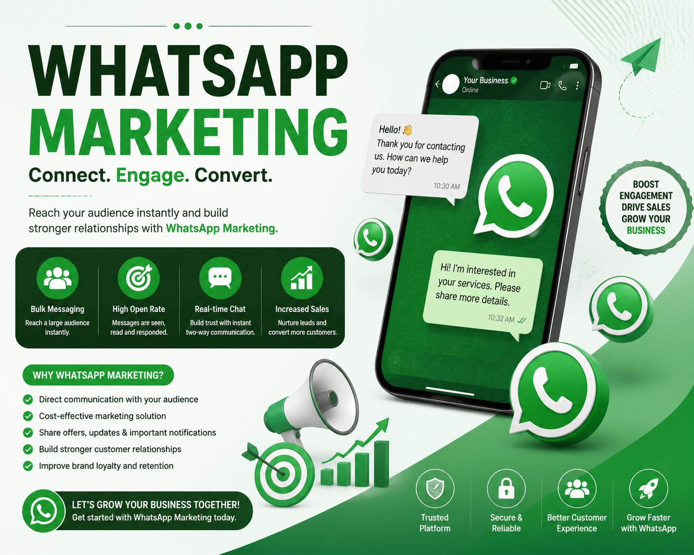 Professional WhatsApp marketing services for bulk messaging, customer engagement, lead generation, promotional campaigns, automated replies, and business growth using WhatsApp Business.
