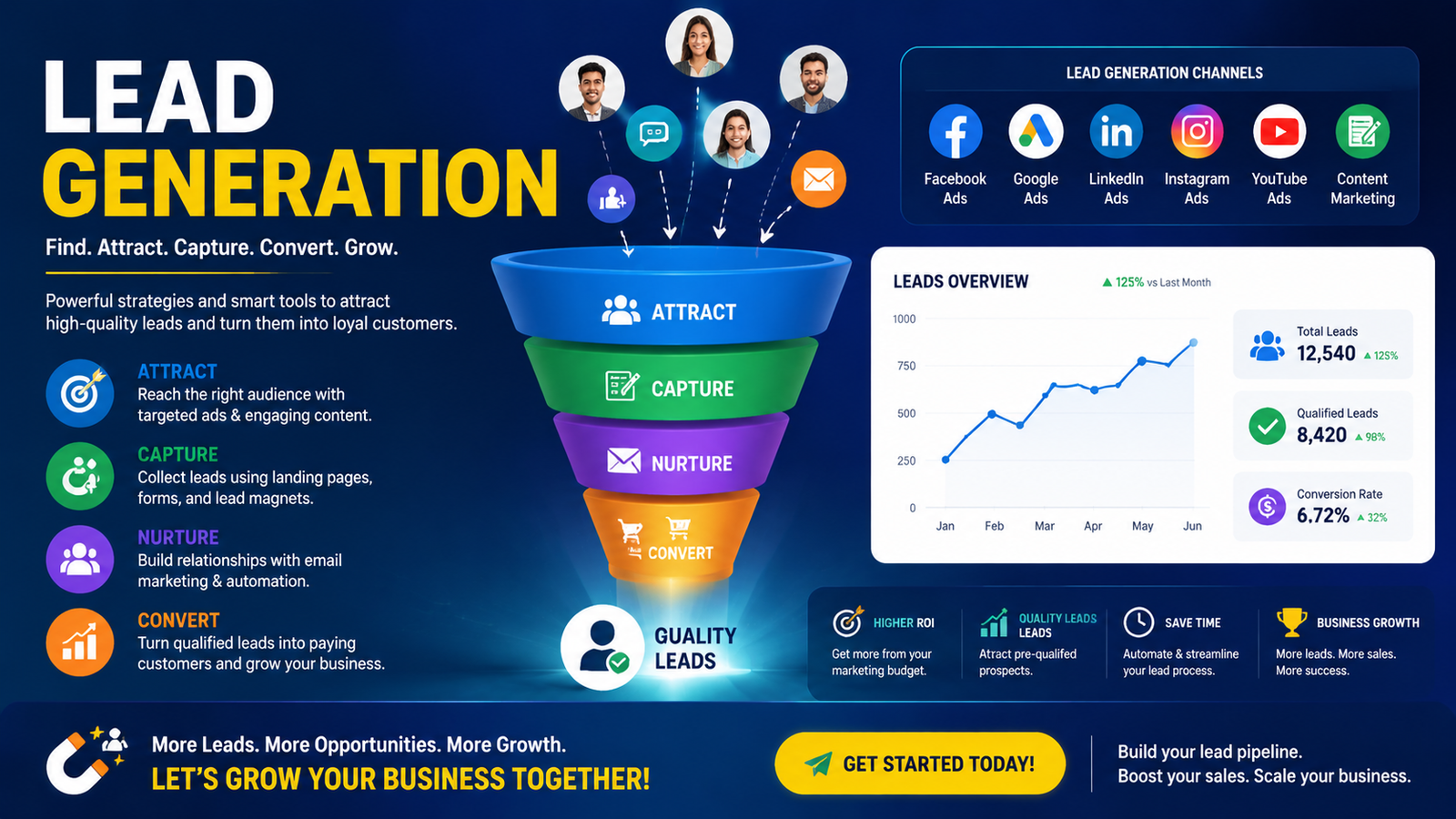 Professional lead generation services using SEO, Google Ads, Meta Ads, landing pages, email marketing, and conversion optimization to generate high-quality leads and grow your business.